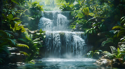 Fototapeta na wymiar A Secluded Waterfall Cascading Through Lush Foliage: Serene Rainforest Escape