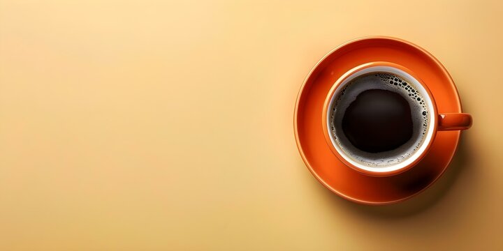 Simple flat lay of orange cup with black coffee on yellow background. Concept Flat Lay Photography, Coffee Styling, Colorful Backgrounds, Minimalist Composition