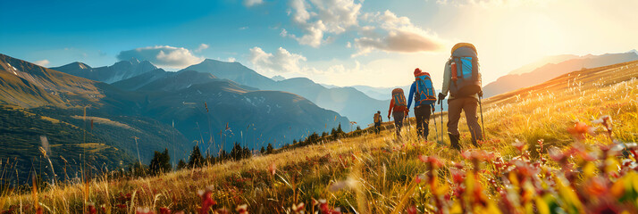 Hikers traversing vibrant Alpine meadows under a clear sky illustrating the joy of hiking in pristine nature