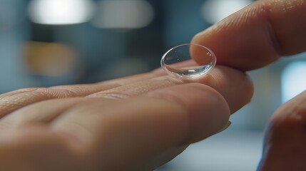 Close-up view of a person holding a contact lens on a fingertip. Clarity, vision care, and eye health concept. Daily disposable lens. AI
