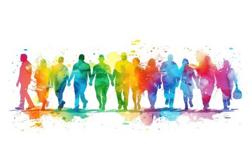 Fototapeta premium Multicolored silhouettes of diverse individuals walking together in a line