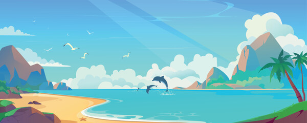 Sea beach background banner in cartoon design. Tropical sand lagoon landscape with palm trees, mountain rocks with day clouds, flying seagulls and jumping dolphins view. Vector cartoon illustration