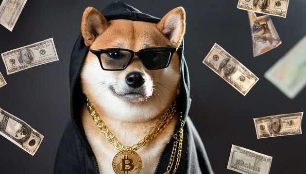 Closeup of a Shiba Inu with a gold pendant of virtual currency. Pitch black sunglasses. Gorgeous. Black background. Rich.