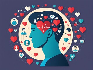 3d illustration of mental health day human profile and heart with icons, copy space