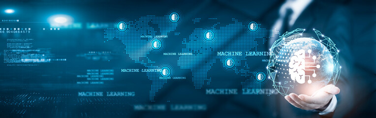 Businessman holding global network connection on machine learning and data-driven analytics, shaping strategy and predictive modeling, advanced algorithms, solutions, Technology and global insights.
