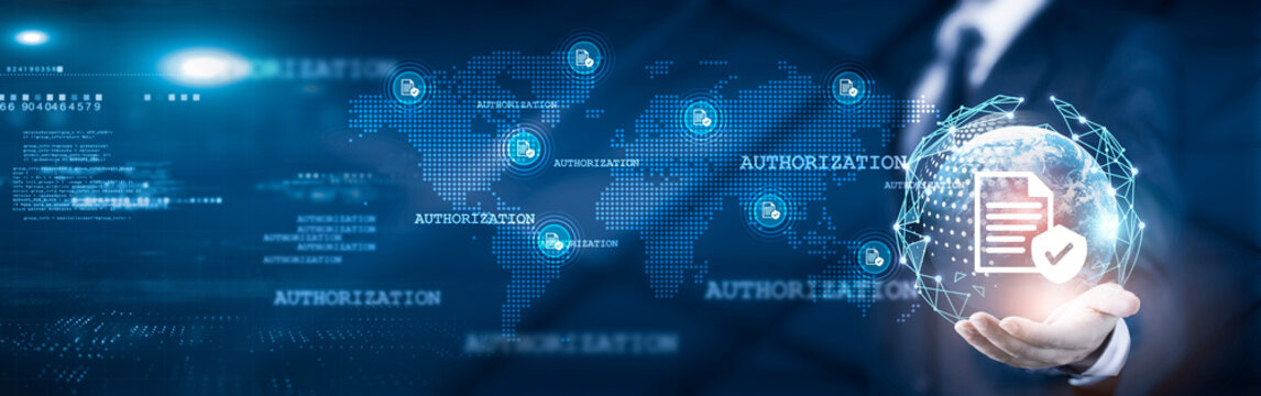 Businessman holding global network connection on authorization management and data analytics, shaping strategy and risk mitigation, cybersecurity solutions, Technology and global expansion.