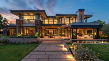Twilight view of a modern luxurious home with elegant architectural design, featuring outdoor lighting and landscaped garden