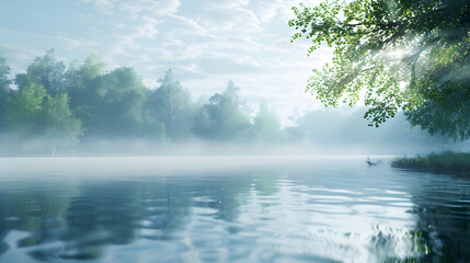 Fototapeta na wymiar Early Morning Mist Over Serene Lake A Dreamlike Atmosphere for Quiet Contemplation