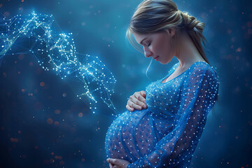 n a serene scene, a pregnant woman anticipates new life, embracing childbirth preparation and impending motherhood, featuring a wireframe against a dark blue backdrop.