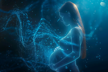 n a serene scene, a pregnant woman anticipates new life, embracing childbirth preparation and impending motherhood, featuring a wireframe against a dark blue backdrop.