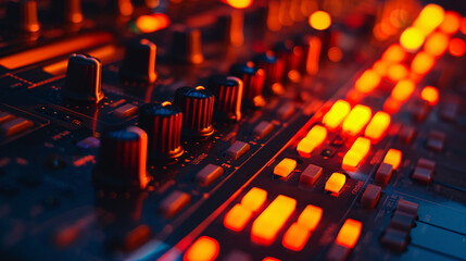"Detailed View of a MIDI Controller with Illuminated Dials and Switches"
"Electronic Music Production MIDI Device with Red and Blue Lighting"
"Professional MIDI Controller Interface Close-up"