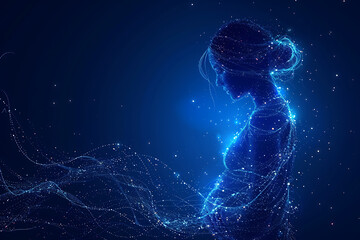 n a serene scene, a pregnant woman anticipates new life, embracing childbirth preparation and impending motherhood, featuring a wireframe against a dark blue backdrop.