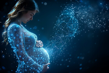 n a serene scene, a pregnant woman anticipates new life, embracing childbirth preparation and impending motherhood, featuring a wireframe against a dark blue backdrop.