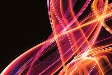 Hypnotic orange and pink abstract neon lines composition. Glowing curves on black background.