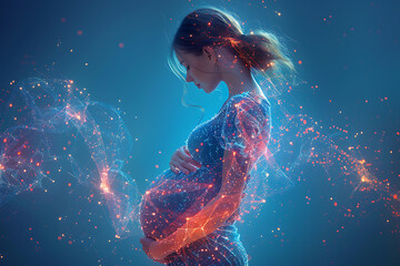n a serene scene, a pregnant woman anticipates new life, embracing childbirth preparation and impending motherhood, featuring a wireframe against a dark blue backdrop.