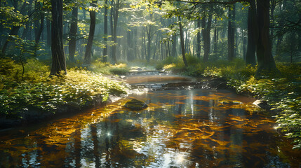 Fototapeta na wymiar Serene Old Growth Forest Stream: A Photorealistic Capture of Nature s Unspoiled Beauty as a Meandering Stream Flows Through Lush Foliage in the Heart of the Forest Photo Stock Co