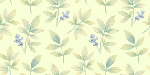 seamless botanical background of leaves, hand-drawn watercolor pattern, abstract illustration for wallpaper and packaging design, leaves on branches collected in an endless ornament