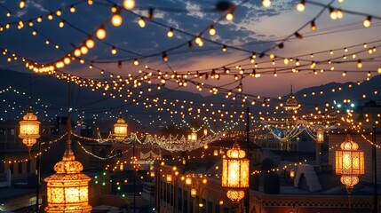 Twilight cityscape with festive lights and ornate lanterns.