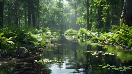 Tranquil Stream Flowing Through Untouched Old Growth Forest   Photo Realistic Image Capturing Serenity of Nature