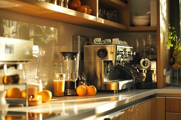 Warm sunlight illuminates a contemporary kitchen with appliances