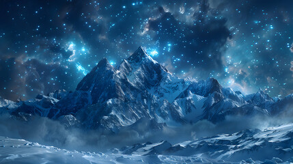 Snow Capped Mountains Under Starry Skies   A Breathtaking Nocturnal Landscape where Snow Meets the...