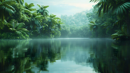 Serene Rainforest Lake Reflection: Lush Greenery Mirror in Tropical Oasis   Photo Realistic Image Stock Concept