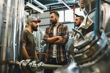 Craft brewers monitoring brewing vats and discussing quality in a modern craft brewery, with a focus on artisanal production technique