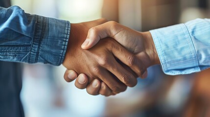 Two people of different skin tones shaking hands over blurred background.