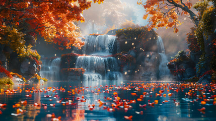 Tranquil Waterfall in Autumn Forest: A Serene Scene of Autumn Colors Reflecting Peaceful Change, Photo Realistic Concept on Adobe Stock
