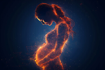 A pregnant woman cradles her newborn, symbolizing new life and preparation for childbirth. Illustrates pregnancy concept, baby-mother communication, and maternity care