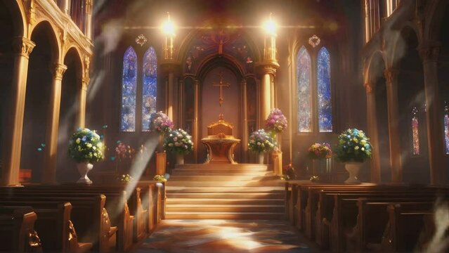 peaceful atmosphere in the church room, seamless looping time lapse virtual 4k video animation background