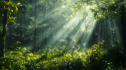 Enchanting Sunbeams: Dramatic Light in Lush Woods   Photo Realistic Image of Sun Piercing Dense Foliage, Old Growth Forest Landscape   Adobe Stock Concept