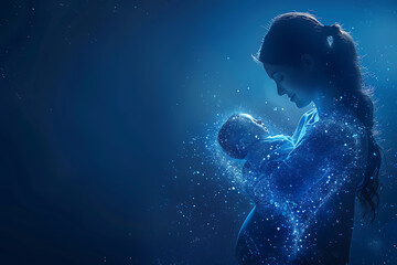 Obraz premium A pregnant woman cradles her newborn, symbolizing new life and preparation for childbirth. Illustrates pregnancy concept, baby-mother communication, and maternity care