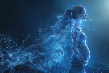 A pregnant woman cradles her newborn, symbolizing new life and preparation for childbirth. Illustrates pregnancy concept, baby-mother communication, and maternity care