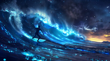 Enchanting Image of Surfers Riding Bioluminescent Waves under Starlit Skies in a Surreal Ocean Scene   Photo Stock Concept