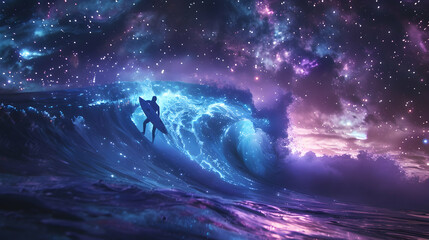 Magical Surfing Adventure: Surfers Ride Bioluminescent Waves under Starlit Skies in a Photo Realistic Ocean Scene