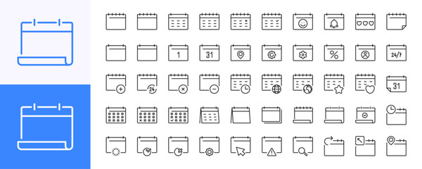 Calendar 50 line icons set. Time and date sign. Schedule symbol. Isolated on a white background. Pixel perfect. Editable stroke. 64x64.