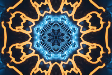 Abstract Neon Lights Kaleidoscope Illustration. Mandala Kaleidoscope texture ethnic round symmetrical fractal ornament. Abstract Symmetrical Geometric Shape Pattern.