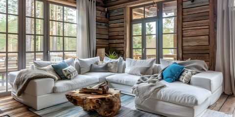 Cozy rustic living room with wooden elements in a home interior. Concept Rustic Decor, Wooden Accents, Cozy Living Space, Home Interior Design