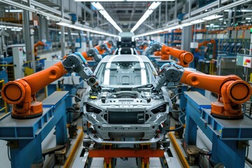 Robotic arms actively assembling a car on an advanced automotive production line in a modern factory.