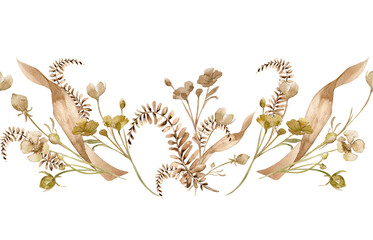 Dry flowers, herbs in monochrome watercolor sienna color. Abstract flowers, plants in beige color seamless border isolated. Fantasy brown leaves hand drawn. Design of branding, textile, package