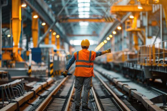 industrial technician in high-visibility vest directing machinery in a busy railroad yard