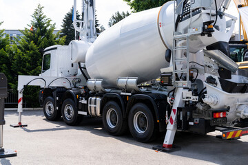 Truck-mounted concrete pump with mixer.