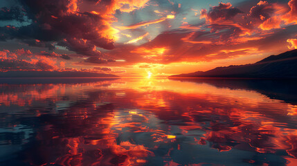 Photo realistic image of volcanic sunset reflections in a peaceful lake as setting sun casts vibrant hues over fiery sky, stunning nature concept