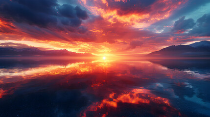 Photo realistic as Volcanic Sunset Reflections concept: The setting sun casts vibrant hues over a volcanic lake reflecting the fiery sky in its still waters. Sunset scenery with re