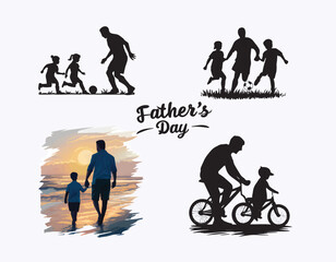 Collection of Father and son or dad and girl Silhouettes in different poses set. Happy father day black silhouette design. Father and Child Silhouette