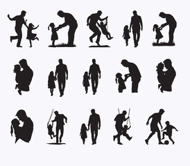 Collection of Father and son or dad and girl Silhouettes in different poses set. Happy father day black silhouette design. Father and Child Silhouette