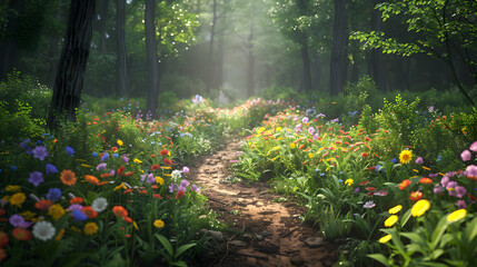 Enchanting Photo Realistic Image of Wildflower Trail through the Woods   Tranquil Nature Scene with Lush Floral Avenue for Hikers   Stock Photo Concept