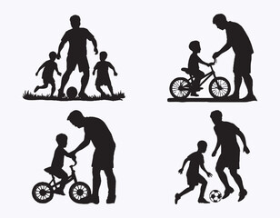 Collection of Father and son or dad and girl Silhouettes in different poses set. Happy father day black silhouette design. Father and Child Silhouette