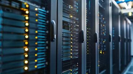 Data center with an emphasis on sustainability, using recycled materials in the construction of server racks.